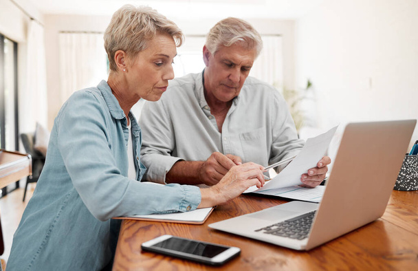 Communication, discussion and couple with paperwork planning financial strategy budget plan. Senior man and woman with documents review finance expenses, retirement plan or mortgage banking payment. - Fotoğraf, Görsel