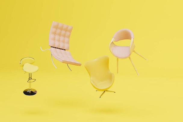 Stühle in verschiedenen Formen, Größen, Farben auf gelbem Hintergrund. Stühle für verschiedene Zwecke. 3D-Renderer. - Foto, Bild