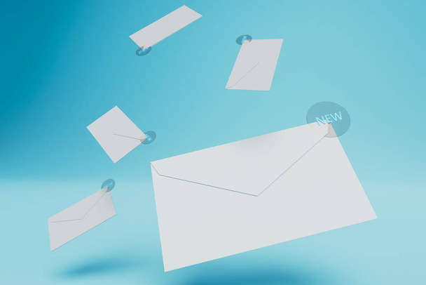 lots of correspondence and new letters in closed envelopes on a blue background. 3D render. - Photo, Image