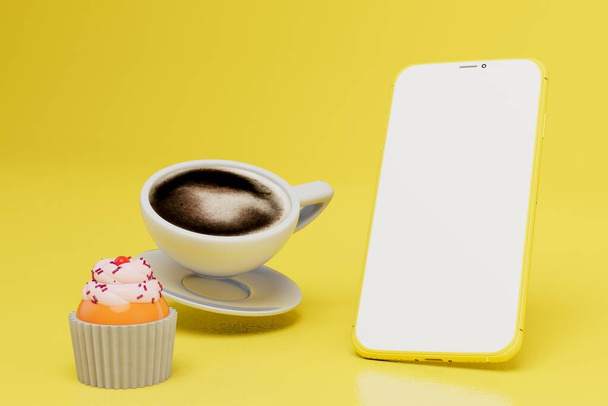 das Konzept des Naschens bei der Arbeit. Smartphone, Kaffee und Kuchen auf gelbem Hintergrund. 3D-Renderer. - Foto, Bild