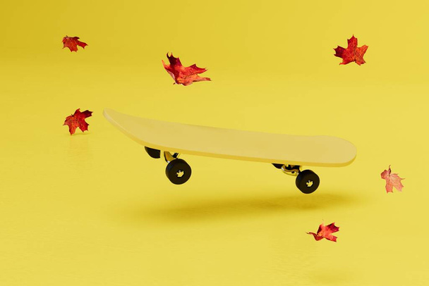 sports actifs en automne. une planche à roulettes jaune autour de laquelle les feuilles volent sur un fond jaune. rendu 3D. - Photo, image