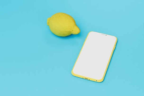 buying lemons online. lemon and smartphone on a blue background. copy paste, copy space. 3D render. - Photo, Image