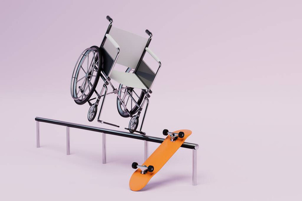 il desiderio dei disabili di praticare sport. una sedia a rotelle e una rotaia da skateboard. Rendering 3D. - Foto, immagini