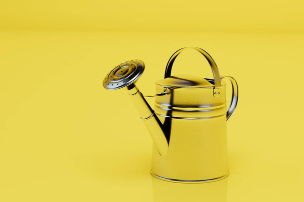 plant watering concept. aluminum watering can on a yellow background. 3d render. - 写真・画像