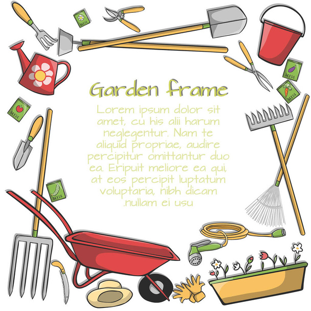 Moldura decorativa de instrumentos e ferramentas de acessórios de jardim em fundo verde ilustração vetorial
 - Vetor, Imagem