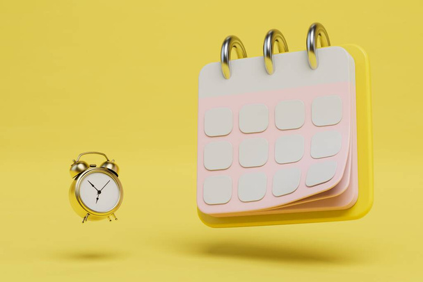 установить будильник на определенный день. будильник и бумажный календарь на желтом фоне. 3D рендеринг. - Фото, изображение