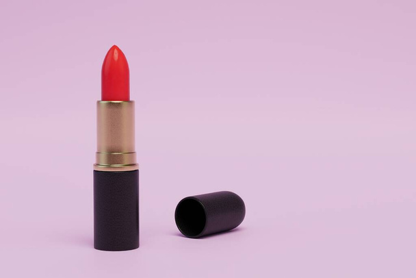 red lipstick on a pink pastel background. copy paste, copy space. 3D render. - Foto, afbeelding