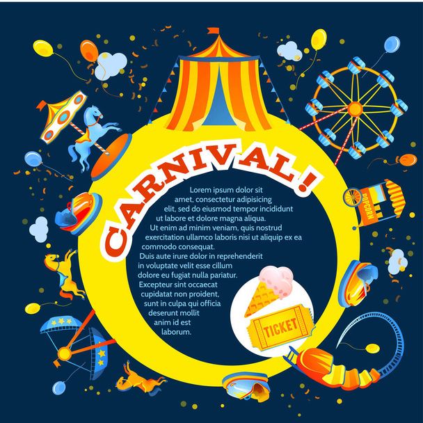 Amusement entertainment carnival theme park design invitation flyer vector illustration - Vector, Image