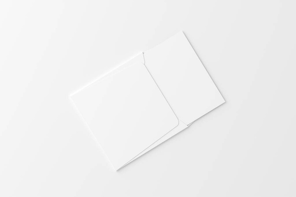 Τετραγωνική διπλωμένη προσκλητήρια κάρτα με φάκελο λευκό κενό 3D απόδοση Mockup για την παρουσίαση του σχεδιασμού - Φωτογραφία, εικόνα