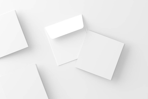 Négyzet hajtogatott meghívó kártya boríték fehér üres 3D Renderelés Mockup a design bemutatása - Fotó, kép