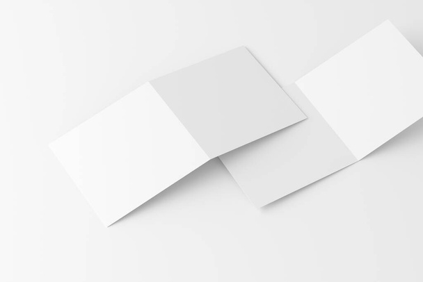 Tarjeta de invitación plegada cuadrada con sobre blanco en blanco 3D representación burla para presentación de diseño - Foto, Imagen