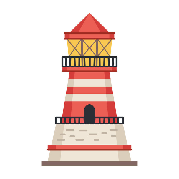 Sea detailed lighthouse icon isolated on white - vector. Beacon tower with searchlight lamp isolated icon. Vector nautical striped tower, navigation symbol, seafarer beacon. - ベクター画像