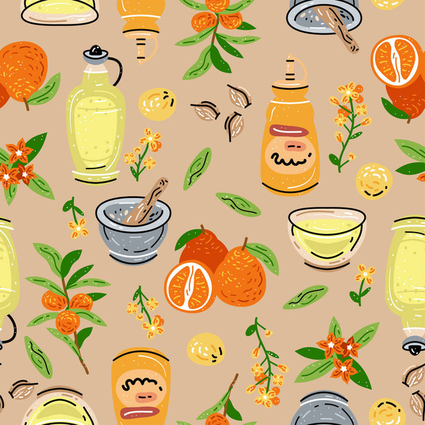 Colored seamless pattern of food and drink. For the menu of restaurants, cafes, and canteens. Fresh food. Harvest. Sauces, mayonnaise, mustard. - Vektor, obrázek