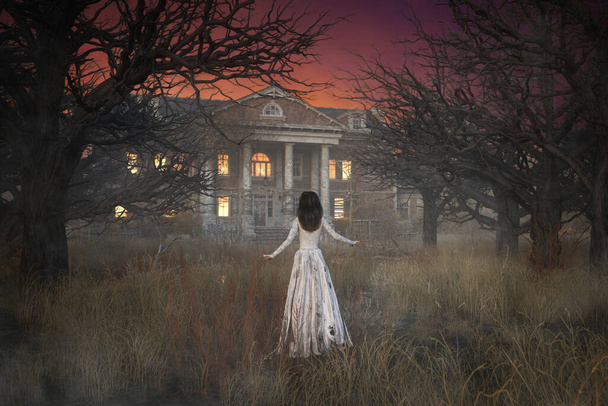 Ghostly figuur van vrouw in lange witte jurk zwevend door het bos in de richting van een griezelig spookhuis. 3d illustratie. - Foto, afbeelding