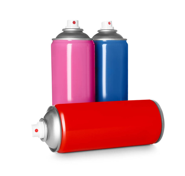 Colorful cans of spray paints on white background - Foto, Bild