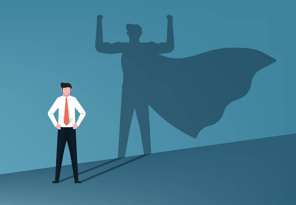 影のスーパーヒーローとビジネスマン。勇気リーダーシップ野心成功コンセプトフラットベクトルイラスト - ベクター画像