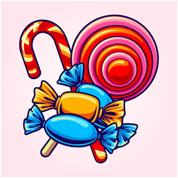 Lindo caramelo dulce lollipop ilustración vector ilustraciones para su logotipo de trabajo, mercancía camiseta, pegatinas y diseños de etiquetas, póster, tarjetas de felicitación publicidad empresa de negocios o marcas - Vector, Imagen