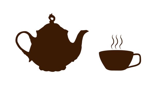 A kontúr egy kis teáskanna és egy csésze gőz forró tea. Vektorillusztráció. - Vektor, kép