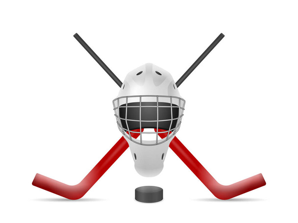 Hockey goalie mask, sticks and puck on a white background. Vector illustration. - Vector, imagen