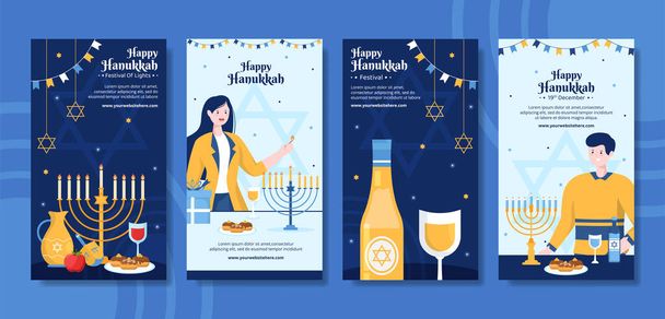 Feliz Hanukkah Judío de vacaciones Historias de medios sociales Plantilla Dibujado a mano Dibujos animados Ilustración plana - Vector, Imagen