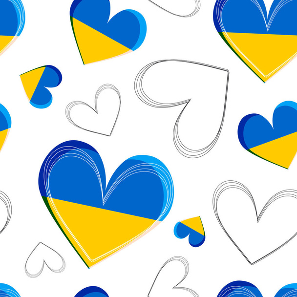 Lovely hearts. Seamless modern pattern. Symbol of love in the colors of the flag of Ukraine on a white background. - Photo, Image