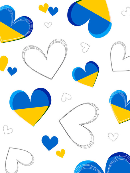 Beaux cœurs. Symbole d'amour aux couleurs du drapeau de l'Ukraine sur une bannière verticale blanche.  - Photo, image
