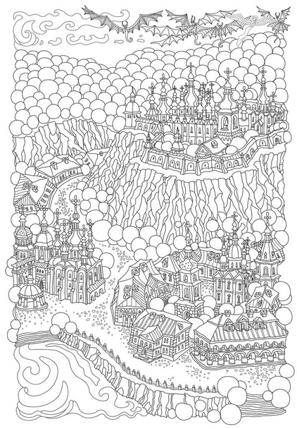Vector fantasy landscape, fairy tale medieval town buildings, church on the river bank, flying angels and demons in the sky. Adults and Children Coloring Book page  - Vector, Image