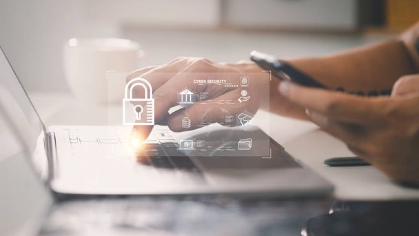 サイバーセキュリティの概念、ユーザーのプライバシーセキュリティと暗号化、安全なインターネットアクセス将来の技術とサイバーセキュリティ、画面南京錠. - 写真・画像