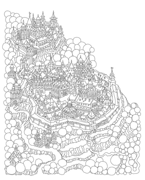 Vector fairy tale island with fantasy medieval ancient Russ castle and houses, forest and river. Adults and children coloring book page - Vector, Image