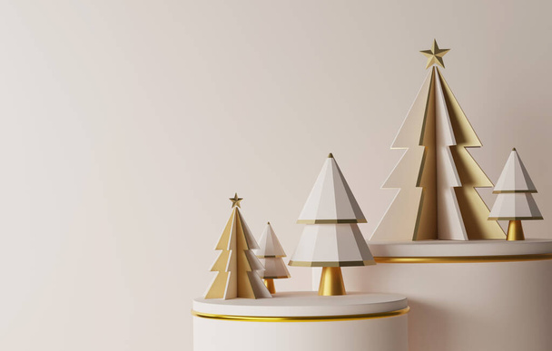 Золотой подиум и белая елка с золотой кромкой элегантного Рождества и Новый год на белом фоне. Абстрактная студия для продажи товаров и рекламы. 3D-рендеринг - Фото, изображение