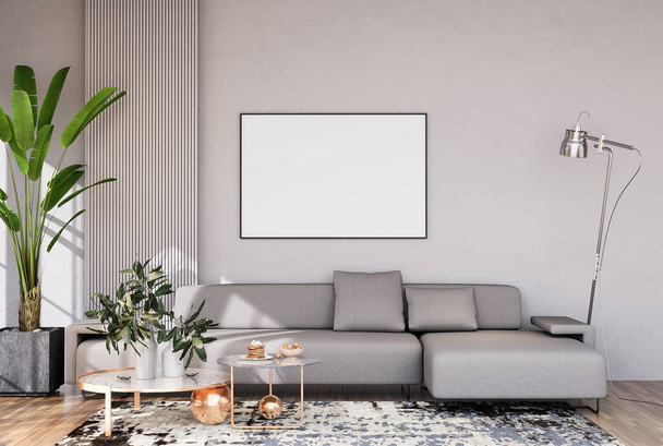 Mock up quadro de cartaz no interior moderno quartos totalmente decorados fundo, sala de estar, estilo nórdico escandinavo, para mensagem de texto ou conteúdo. Renderização 3D, Ilustração 3D - Foto, Imagem