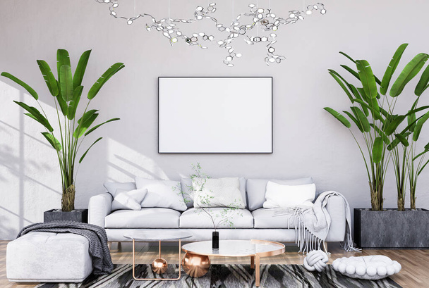 Simular marco de póster en el interior moderno habitaciones totalmente amuebladas fondo, sala de estar, estilo escandinavo nórdico, para el mensaje de texto o contenido. Renderizado 3D, Ilustración 3D - Foto, imagen