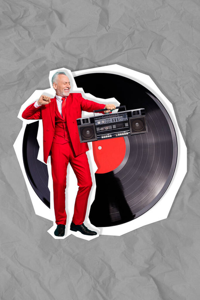 Vertical collage illustration of excited grandfather hold boombox dancing big vinyl record isolated on crumpled grey background. - Foto, Imagem