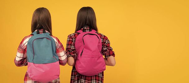 achteraanzicht van tienermeisjes in casual geruite shirt dragen rugzak, kennis. Portret van een studente, studiovaandel. Schoolkind gezicht, copyspace - Foto, afbeelding