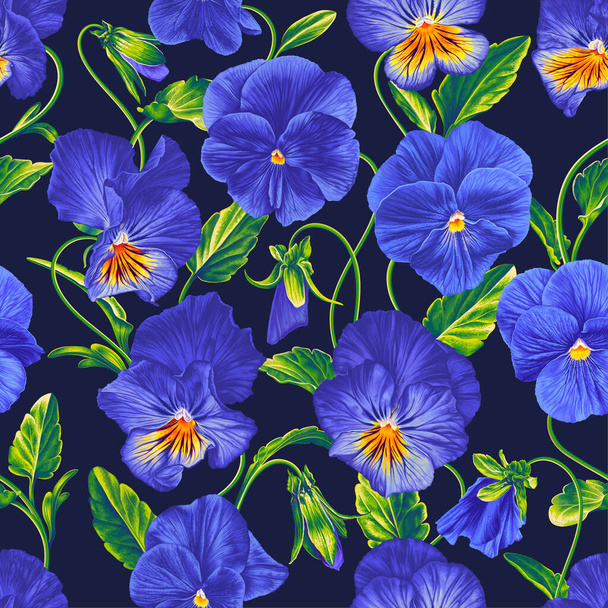 Seamless vector pattern with Pansies, blue and yellow Violas, realistic Flowers with lettuce leaves on dark background. Clothing design, floral background, postcards, advertising banners - Vetor, Imagem