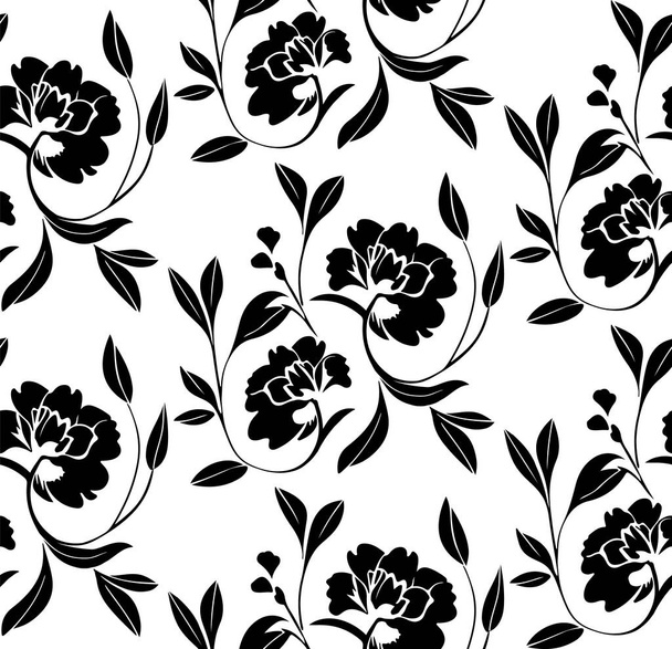 白地に黒い手描きの花で作られたシームレスなラインアートパターン - ベクター画像