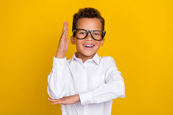 Portrait of attractive cheerful boy learner nerd wear glasses stylish clothes rise hand attend lesson isolated on yellow color background. - 写真・画像