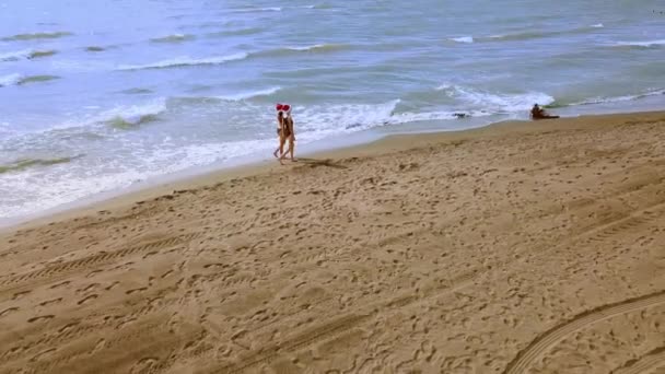 Christmas Beach Vacation Traveling Women in Santa 's Hat and Bikini Desfrute de pausas de inverno na praia tropical. As meninas caminham pelo mar e desfrutam de vistas. Fotografia aérea ou drone - Filmagem, Vídeo