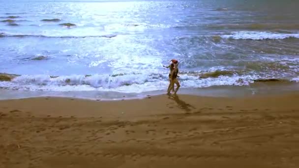 Tiroteio com drone, duas meninas bonitas em biquínis andando ao longo da praia em chapéu de Papai Noel, bebendo vinho e olhando para o horizonte do mar e ondas. oceano. Celebrações de Réveillon no país tropical - Filmagem, Vídeo