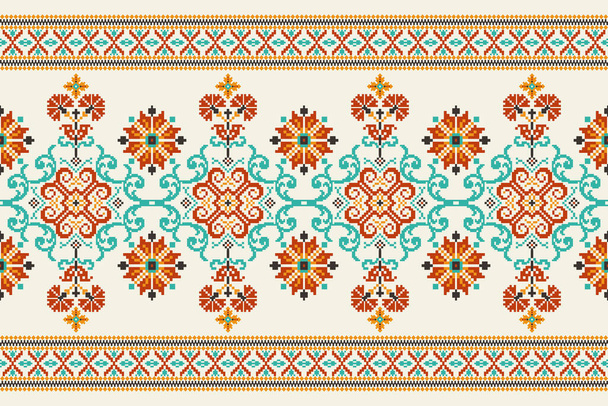 Floral Cross Stitch Embroidery on white background.geometric ethnic oriental seamless pattern traditional.Aztec style abstract vector.design for texture,fabric,clothing,wrapping,decoration,carpet. - Vector, Image