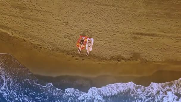 İnsansız hava aracıyla çekim yapan, bikinili iki güzel kız Noel Baba şapkasıyla kumsalda uzanıyor, şarap içiyor ve deniz ufkuna ve dalgalara bakıyor. Okyanus kıyısındaki ada. Tropikal ülkede yeni yıl kutlamaları - Video, Çekim