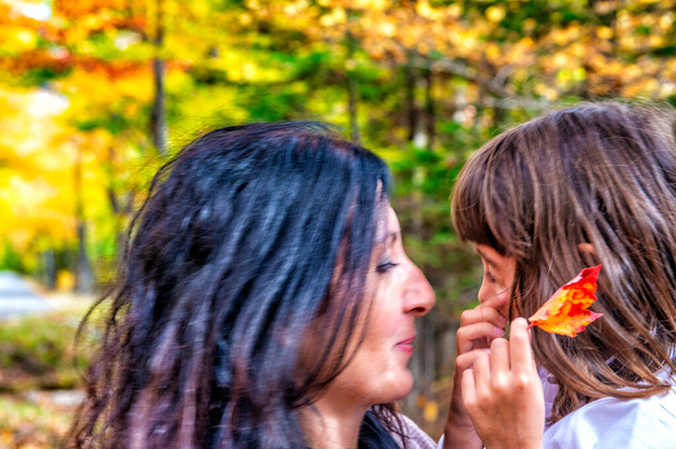 Щаслива мати і дочка дивляться один на одного вздовж стежки в сезон листя
. - Фото, зображення