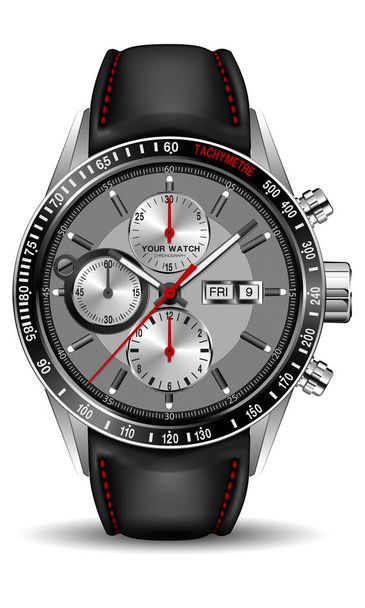 Realistic clock watch chronograph silver black red leather strap for men luxury on isolated background vector - Vector, Image