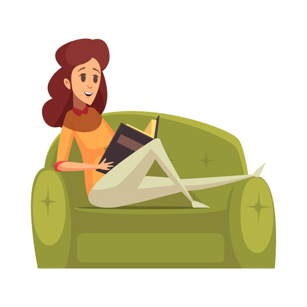 Жінка читає книгу на дивані вдома плоска Векторні ілюстрації
 - Вектор, зображення
