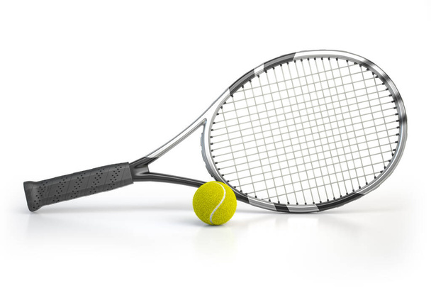 ρακέτα του τένις και μπάλα του τένις απομονώνονται σε λευκό φόντο. 3D εικονογράφηση - Φωτογραφία, εικόνα