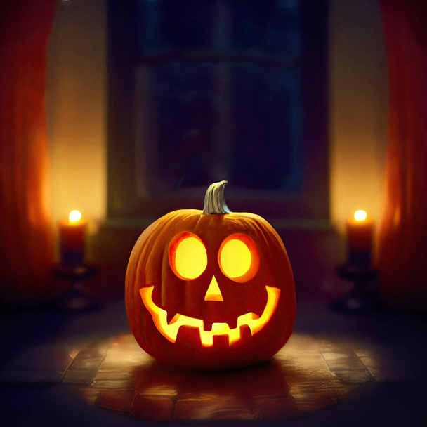 Smiling Halloween pumpkin with glowing eyes on a table in a dark room lit with candles. Digital illustration with copy space - Photo, Image