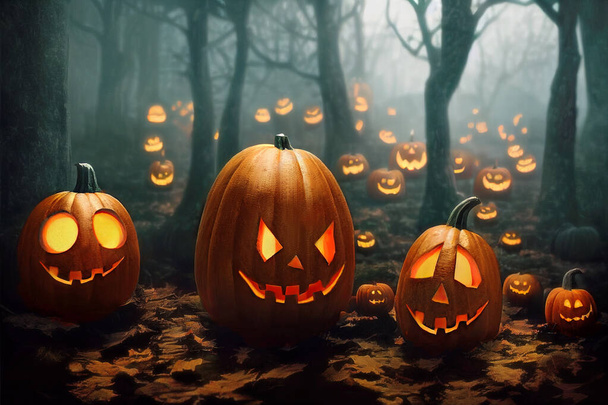 Halloween pumpkins with scary smiles and glowing eyes in misty forest at night. Digital illustration - Photo, Image