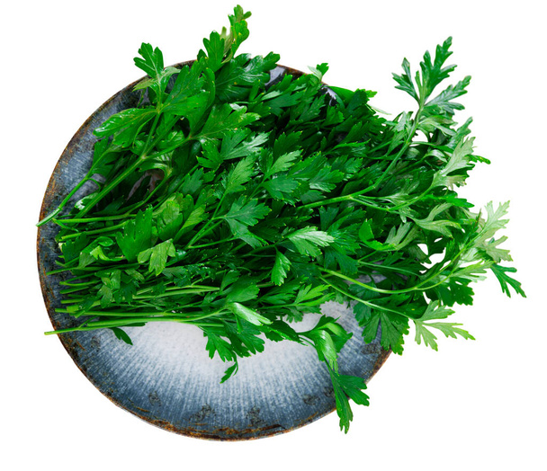 Bundle of fresh parsley on plate, aromatic herbs prepared for cooking. Isolated over white background - Φωτογραφία, εικόνα