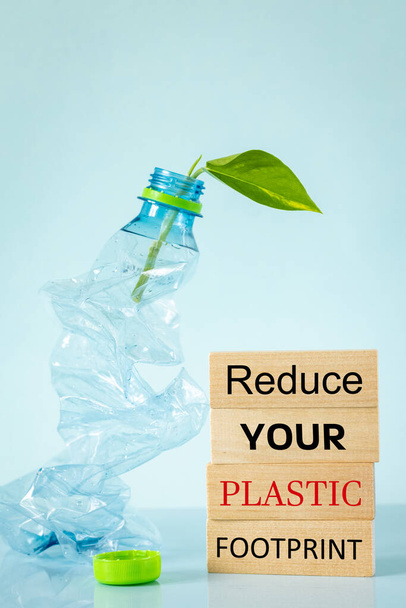 Dřevěné bloky s sloganem, Snížení plastové stopy, Drcený plastové láhve se zeleným listem rostoucí z něj, Environmentální koncept, Recyklace a snížení produkce plastového odpadu, vertikální foto - Fotografie, Obrázek