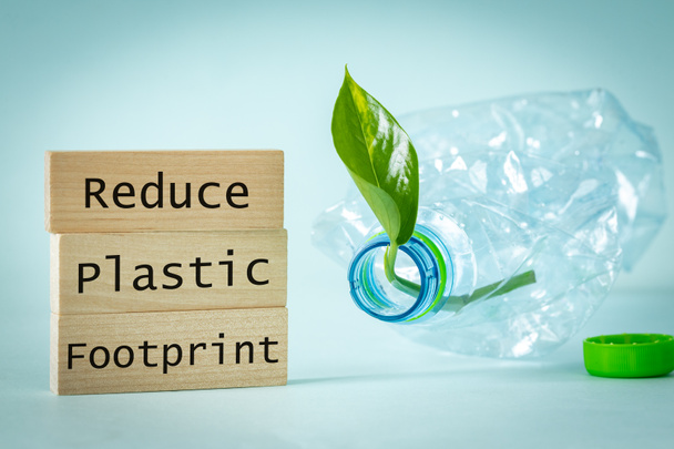 Holzblöcke mit dem Slogan "Reduzieren Sie Ihren Plastikabdruck", zerkleinerte Plastikflasche mit einem grünen Blatt, das daraus wächst, Umweltkonzept, Recycling und Verringerung der Produktion von Plastikmüll - Foto, Bild